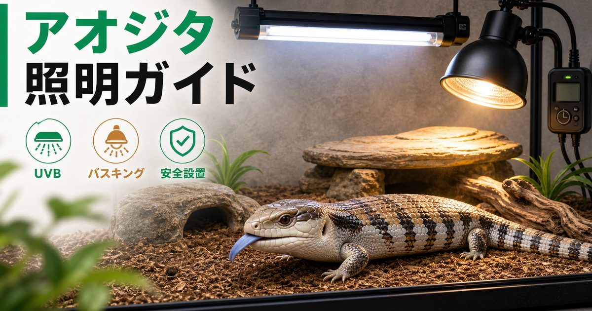 アオジタトカゲのUVB・ライト完全ガイド！バスキング温度と照明の選び方の要点を伝えるカメレオン・爬虫類記事アイキャッチ画像