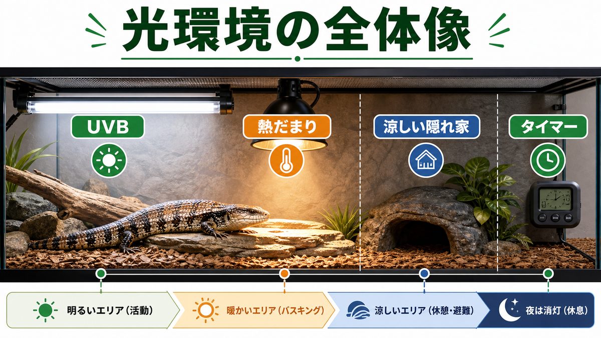 まず全体像:アオジタの光環境を1分で把握する一覧表の要点をまとめたカメレオン・爬虫類飼育インフォグラフィック