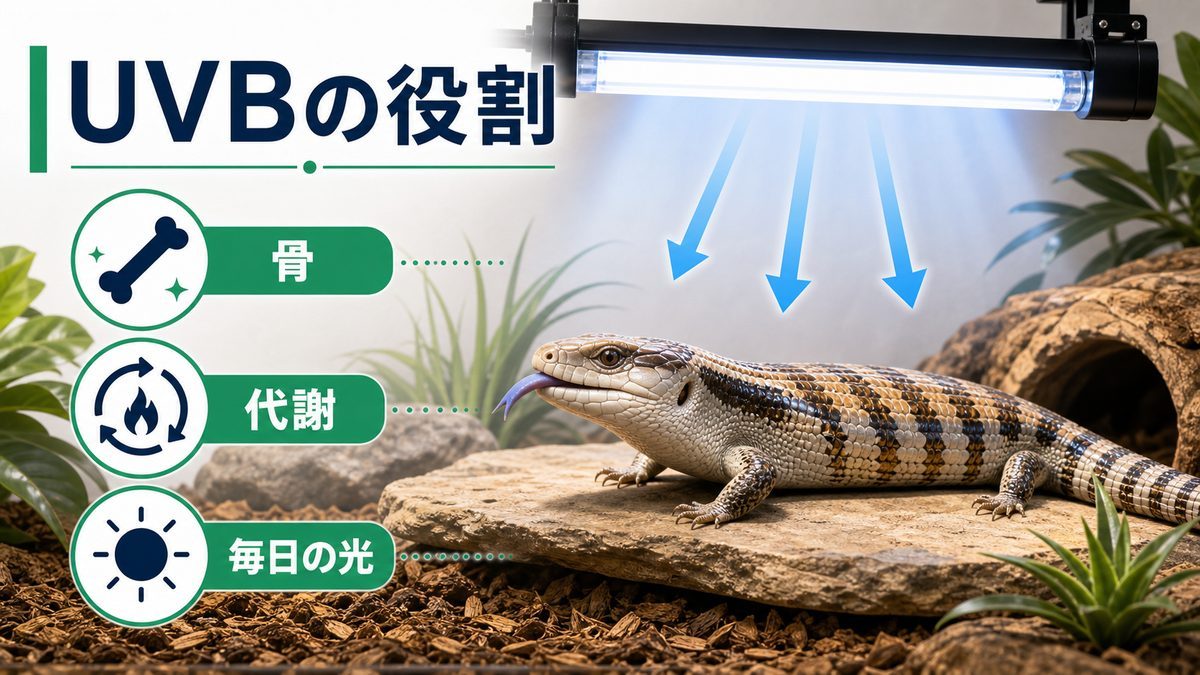 なぜアオジタにUVBが必要なのか:甲羅ではなく「骨と代謝」のための要点をまとめたカメレオン・爬虫類飼育インフォグラフィック
