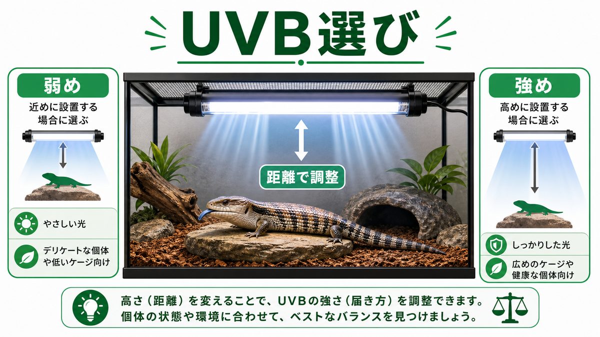 アオジタに合うUVBの強さと設置距離:5.0〜10.0クラスをどう選ぶかの要点をまとめたカメレオン・爬虫類飼育インフォグラフィック