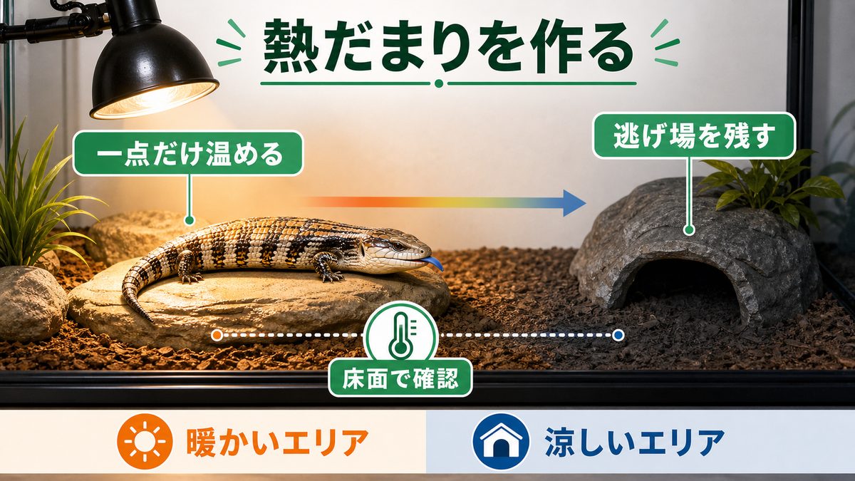 バスキングスポット(ホットスポット)の作り方:一点だけ熱くするの要点をまとめたカメレオン・爬虫類飼育インフォグラフィック