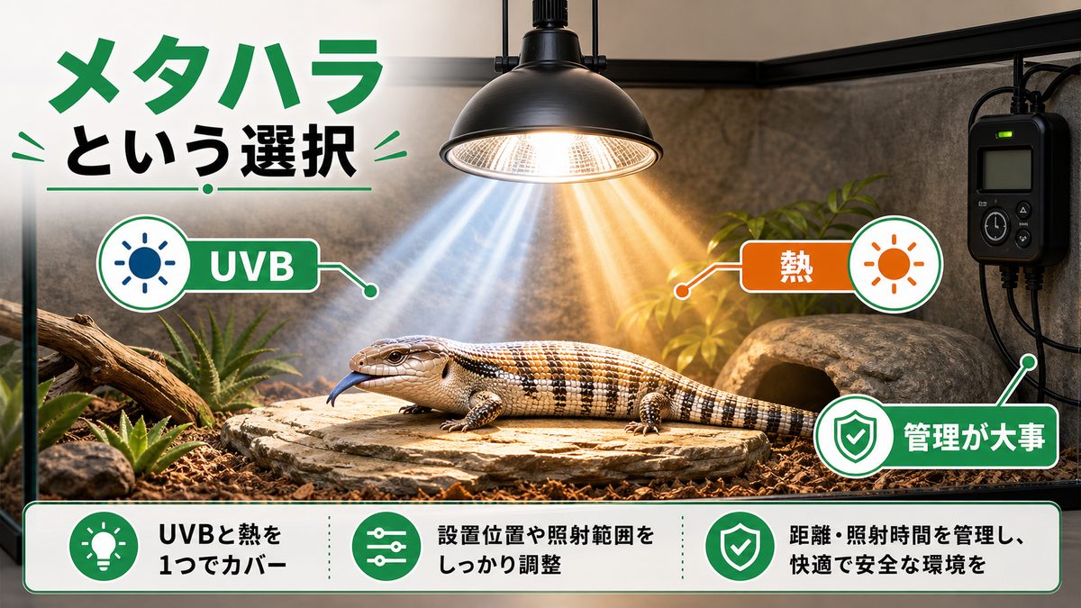 UVB＋熱を1灯でまかなう選択肢:メタルハライド(メタハラ)の要点をまとめたカメレオン・爬虫類飼育インフォグラフィック