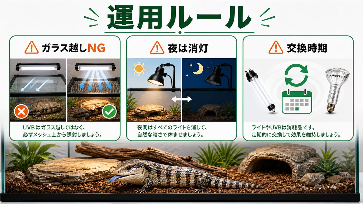 見落としやすい運用ルール:ガラス越し・夜間消灯・交換時期の要点をまとめたカメレオン・爬虫類飼育インフォグラフィック
