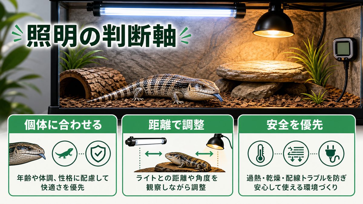 カメレオン飼育者の私なら、アオジタの照明をこう組み立てる(判断軸)の要点をまとめたカメレオン・爬虫類飼育インフォグラフィック