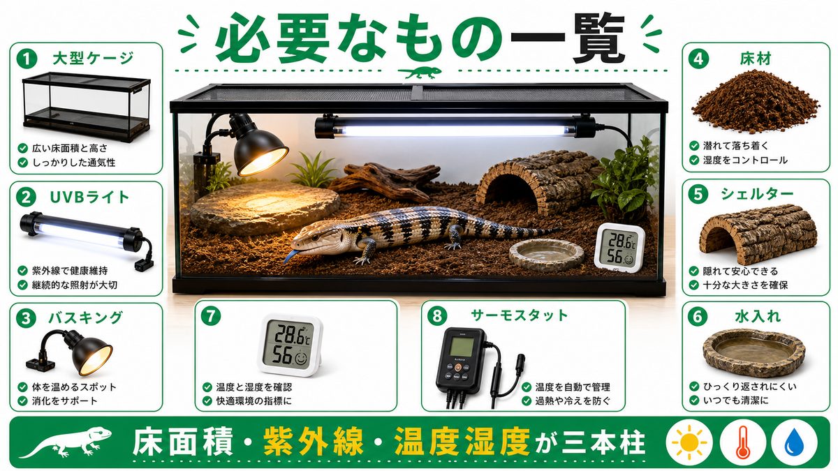 アオジタトカゲの飼育に必要なもの一覧【まず全体像】の要点をまとめたカメレオン・爬虫類飼育インフォグラフィック