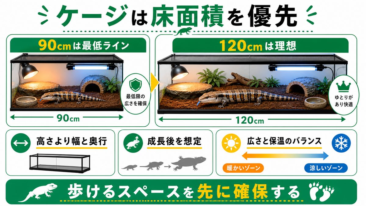 ケージサイズの選び方｜90cmか120cmかの要点をまとめたカメレオン・爬虫類飼育インフォグラフィック