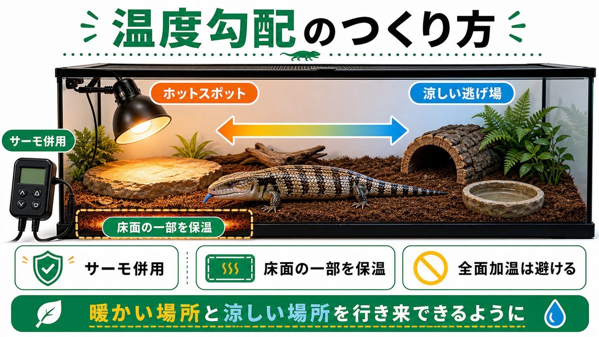 バスキングライトと保温｜温度勾配のつくり方の要点をまとめたカメレオン・爬虫類飼育インフォグラフィック
