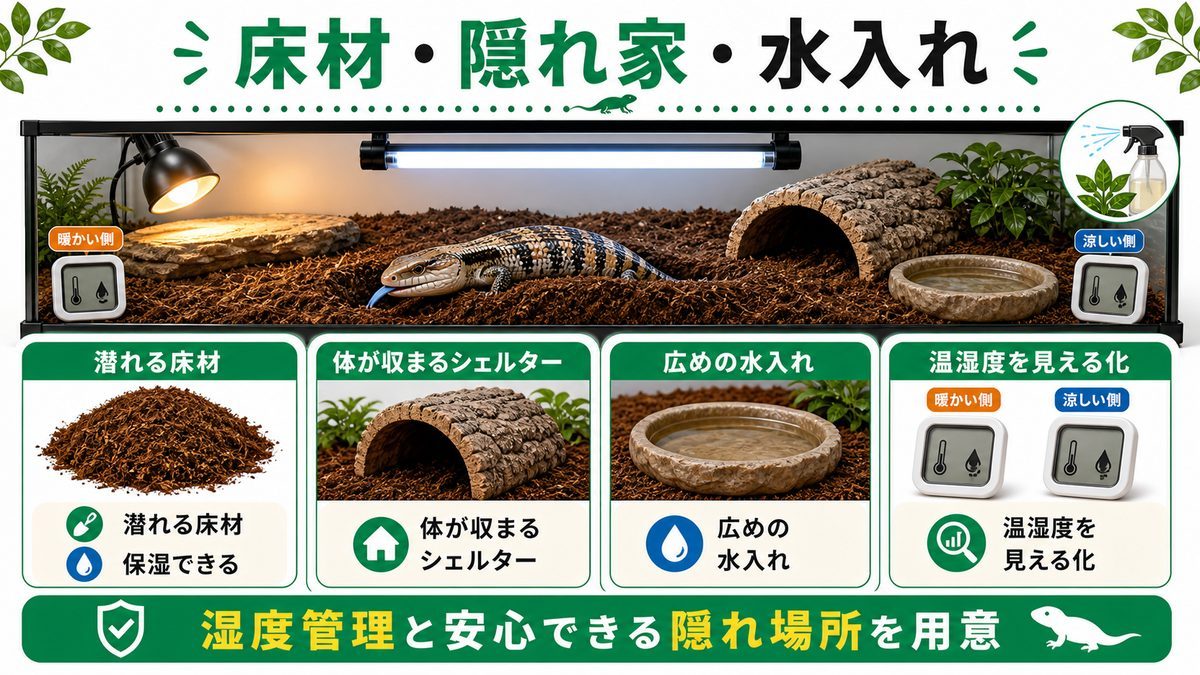 床材・シェルター・水入れ・温湿度計の選び方の要点をまとめたカメレオン・爬虫類飼育インフォグラフィック