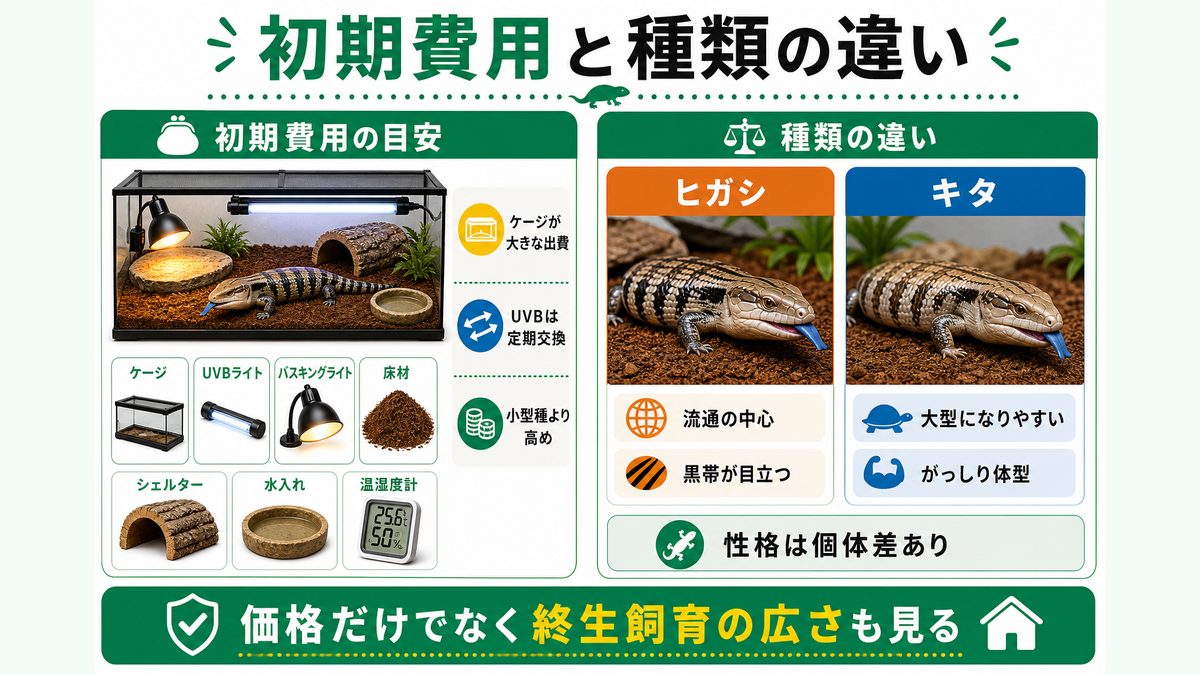 初期費用の目安とヒガシ／キタの違いの要点をまとめたカメレオン・爬虫類飼育インフォグラフィック