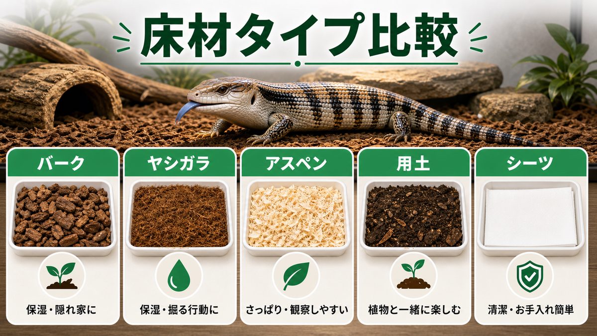 アオジタの床材タイプ別 早わかり比較表の要点をまとめたカメレオン・爬虫類飼育インフォグラフィック