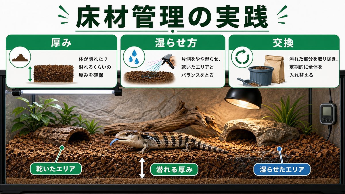 床材の厚み・湿らせ方・交換頻度の実践表の要点をまとめたカメレオン・爬虫類飼育インフォグラフィック