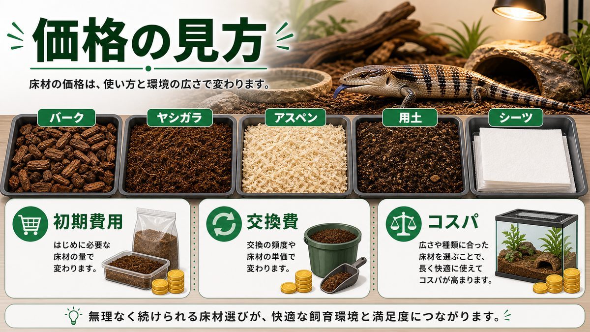 床材の価格の目安(2026年6月時点)の要点をまとめたカメレオン・爬虫類飼育インフォグラフィック