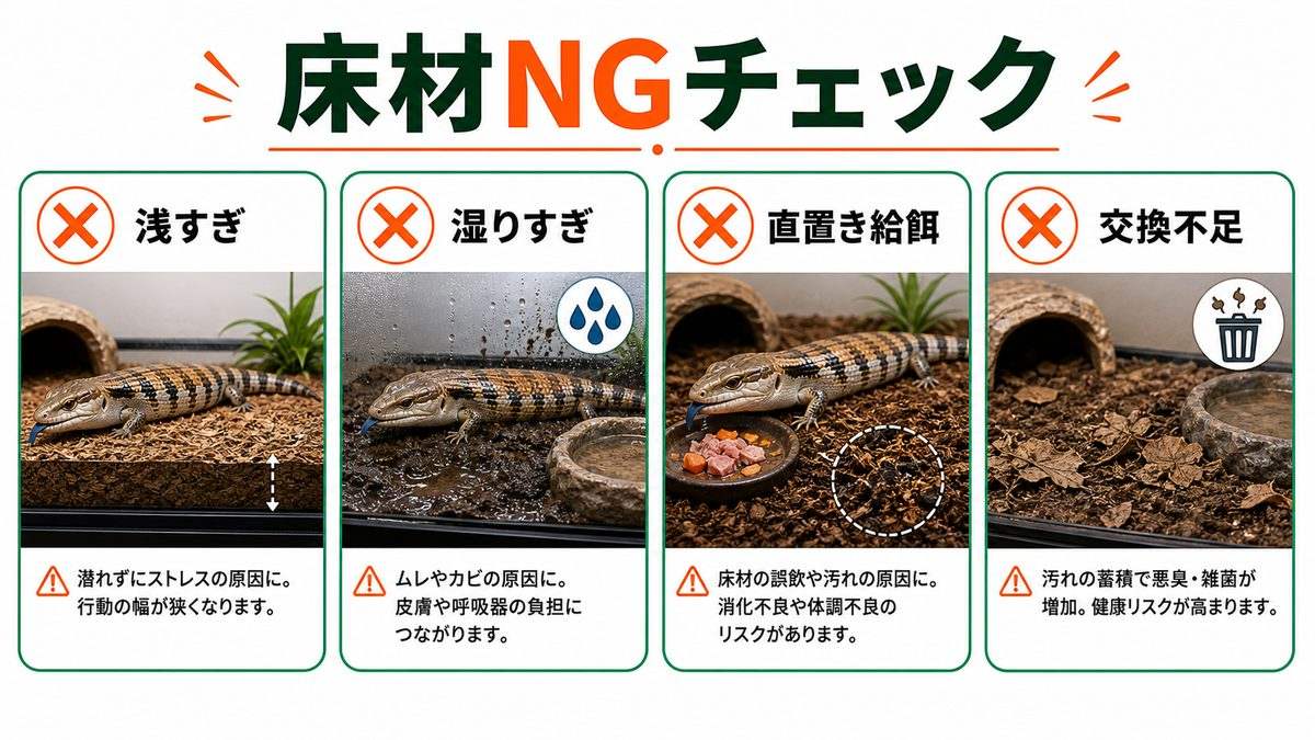 よくある床材の失敗チェックリストの要点をまとめたカメレオン・爬虫類飼育インフォグラフィック