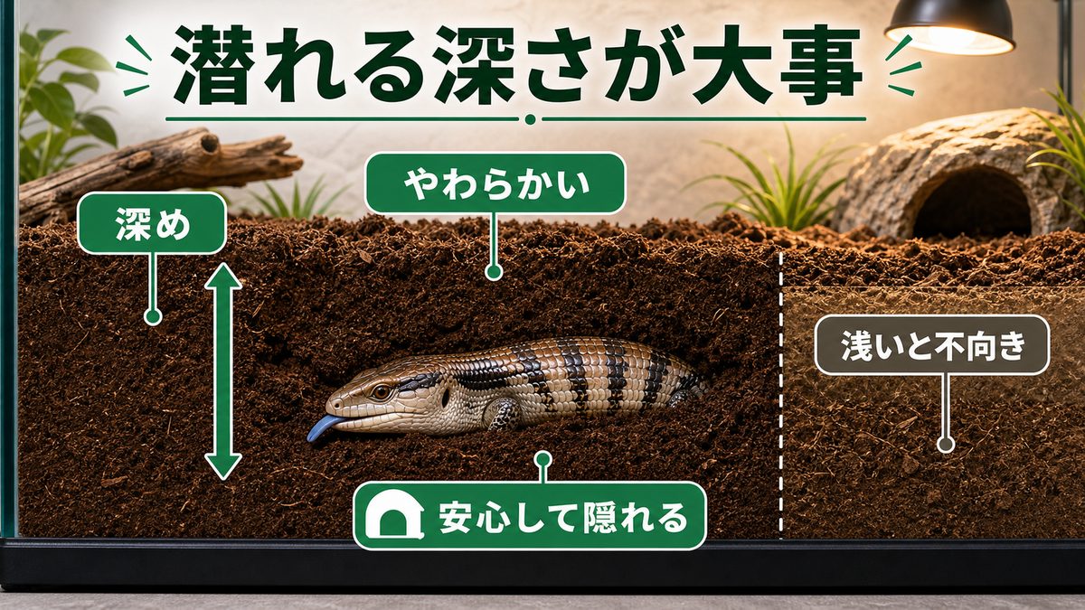 軸①「潜れる深さ」がアオジタ床材の最重要ポイントの要点をまとめたカメレオン・爬虫類飼育インフォグラフィック