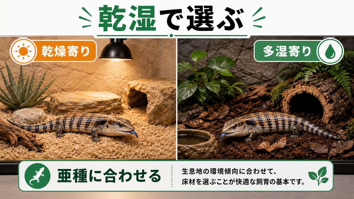 軸②「亜種の乾湿」で床材は大きく変わる(最重要)の要点をまとめたカメレオン・爬虫類飼育インフォグラフィック