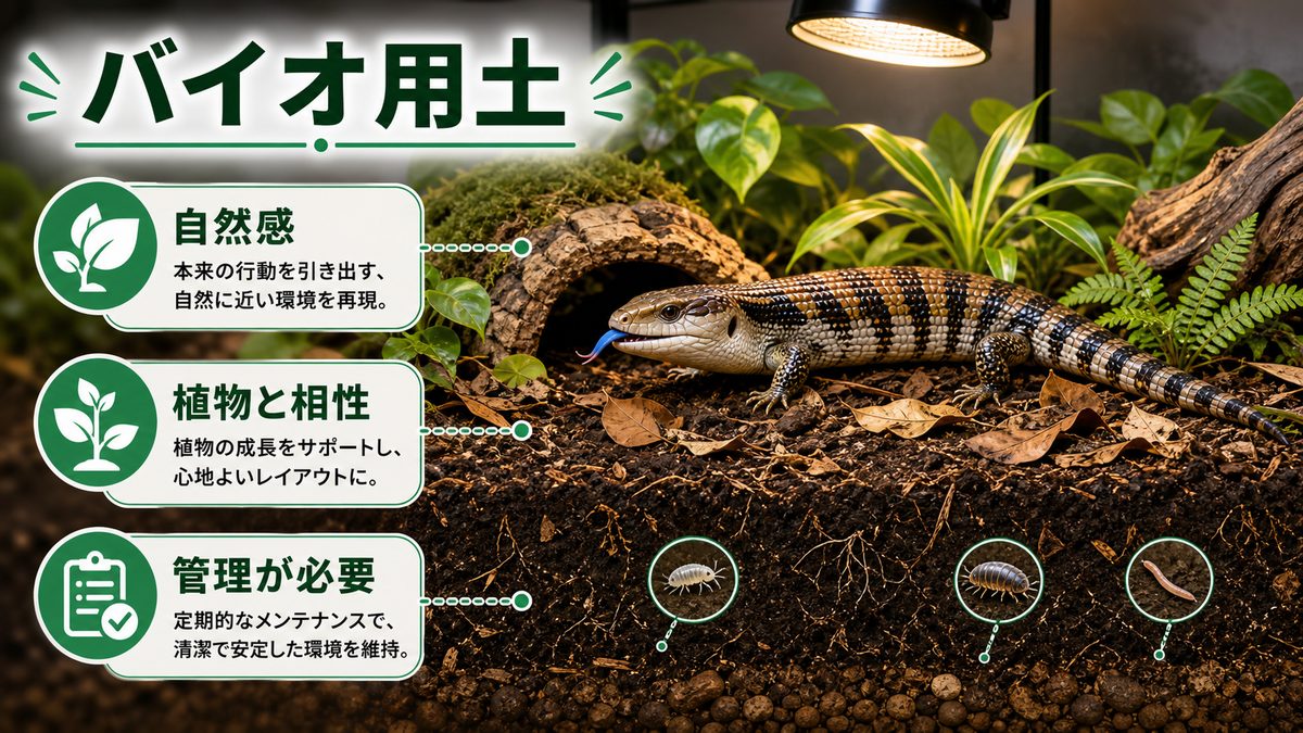 培養土・バイオアクティブ用土(自然な環境をつくる)の要点をまとめたカメレオン・爬虫類飼育インフォグラフィック
