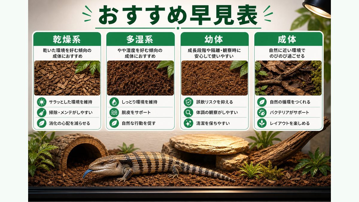 亜種別・成長段階別 おすすめ床材早見表の要点をまとめたカメレオン・爬虫類飼育インフォグラフィック