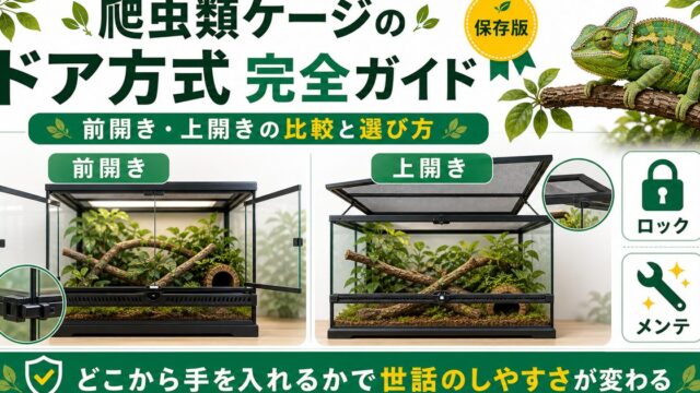 爬虫類ケージのドア・アクセス方式完全ガイド｜前開き・上開きの比較と選び方を徹底解説の要点を伝えるカメレオン・爬虫類記事アイキャッチ画像