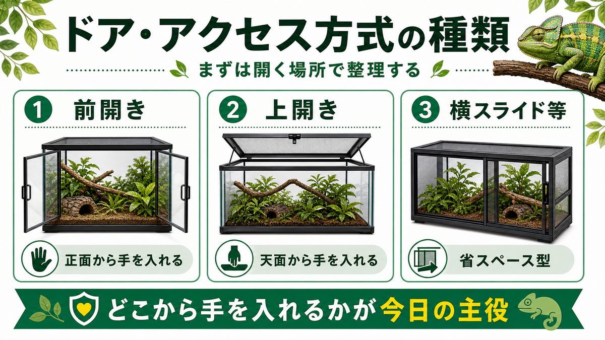 ケージのドア・アクセス方式の種類を知ろうの要点をまとめたカメレオン・爬虫類飼育インフォグラフィック