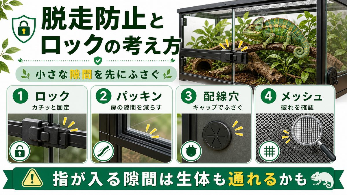 脱走防止とロックの考え方の要点をまとめたカメレオン・爬虫類飼育インフォグラフィック