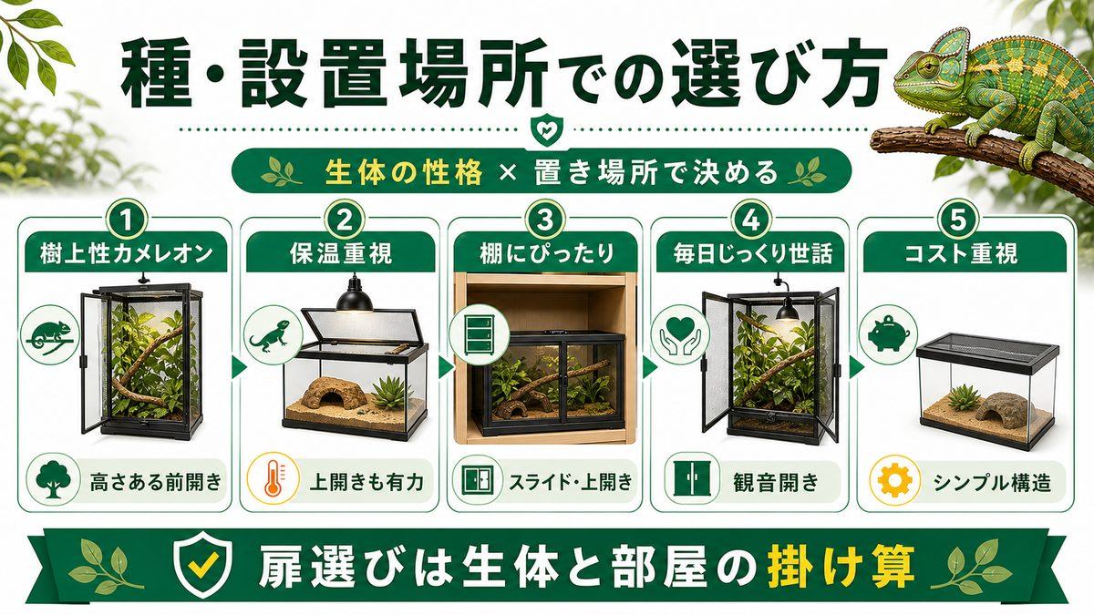 飼っている種・設置場所での選び方の要点をまとめたカメレオン・爬虫類飼育インフォグラフィック