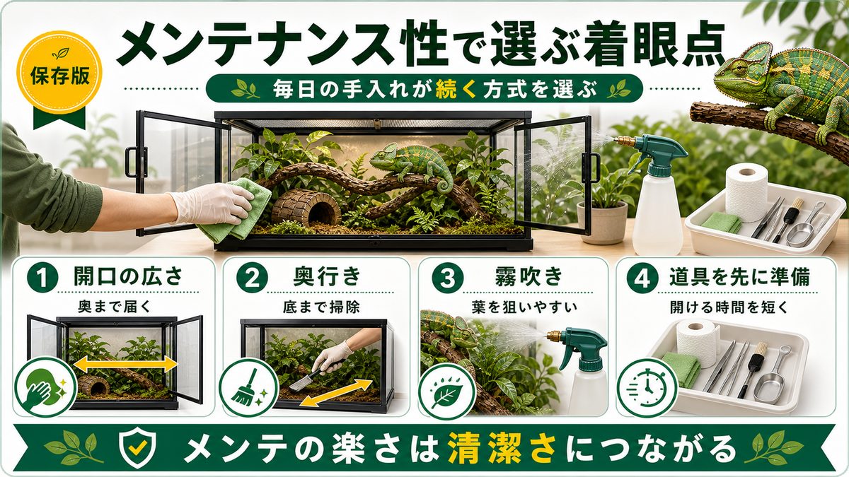 メンテナンス性で選ぶときの着眼点の要点をまとめたカメレオン・爬虫類飼育インフォグラフィック