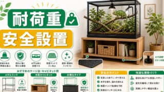 爬虫類のケージ台・キャビネット完全ガイド｜耐荷重・素材別の選び方とおしゃれな設置台・メタルラックを徹底比較の要点を伝えるカメレオン・爬虫類記事アイキャッチ画像