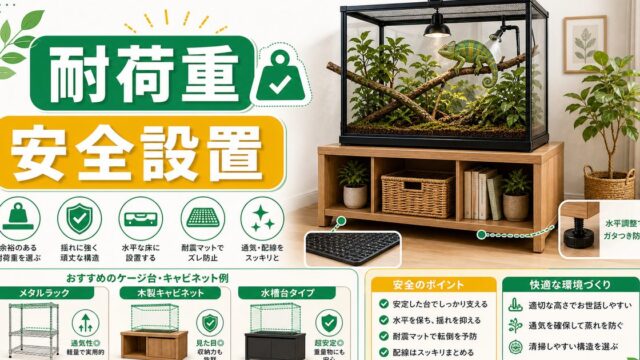 爬虫類のケージ台・キャビネット完全ガイド｜耐荷重・素材別の選び方とおしゃれな設置台・メタルラックを徹底比較の要点を伝えるカメレオン・爬虫類記事アイキャッチ画像