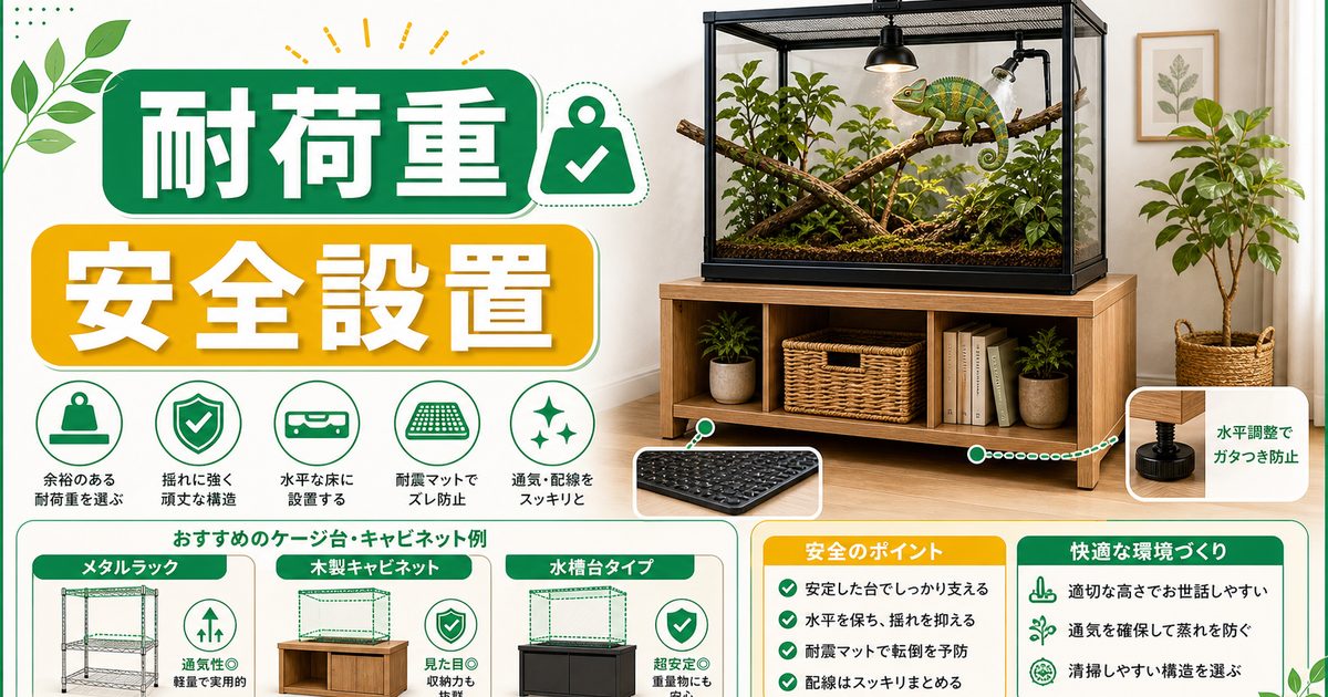 爬虫類のケージ台・キャビネット完全ガイド｜耐荷重・素材別の選び方とおしゃれな設置台・メタルラックを徹底比較の要点を伝えるカメレオン・爬虫類記事アイキャッチ画像