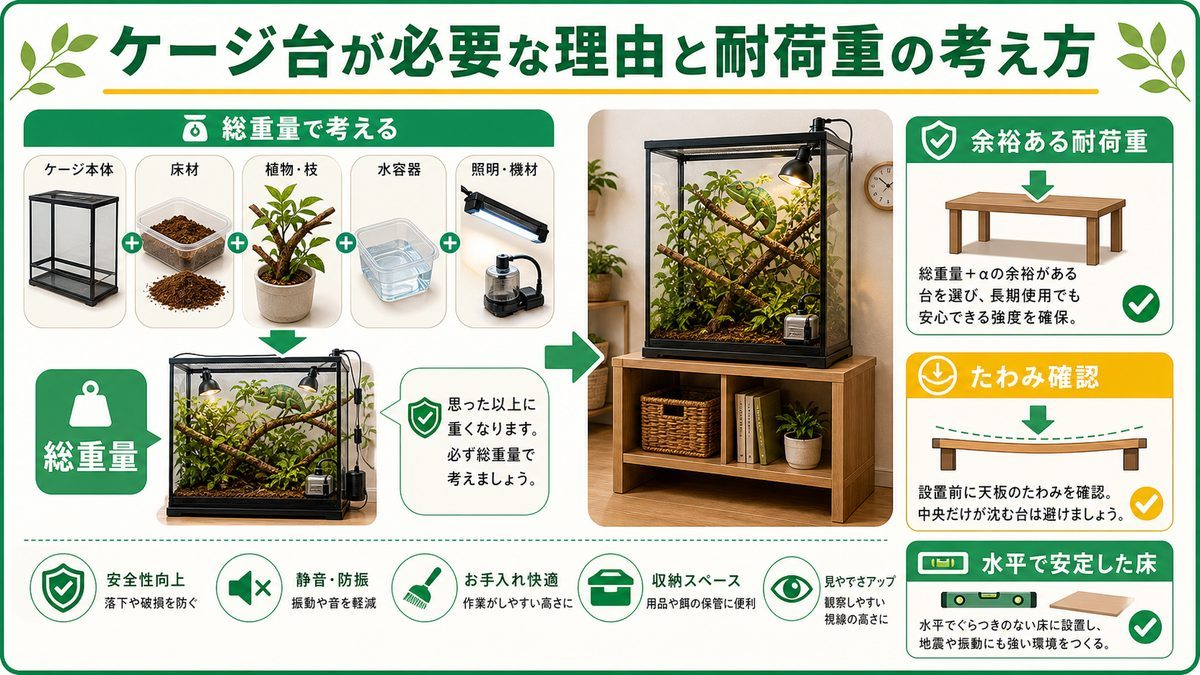 ケージ台が必要な理由と耐荷重の考え方の要点をまとめたカメレオン・爬虫類飼育インフォグラフィック