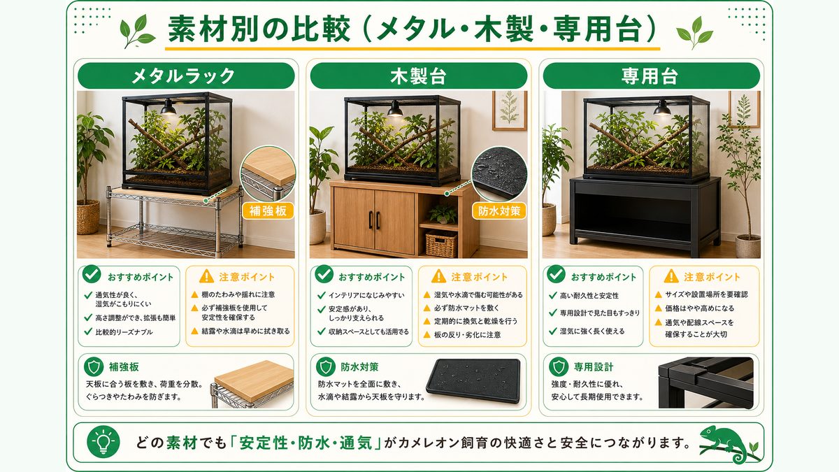 素材別の比較（メタル・木製・専用台）の要点をまとめたカメレオン・爬虫類飼育インフォグラフィック
