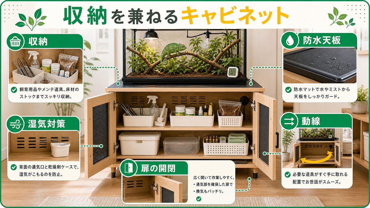 収納を兼ねるキャビネットの要点をまとめたカメレオン・爬虫類飼育インフォグラフィック