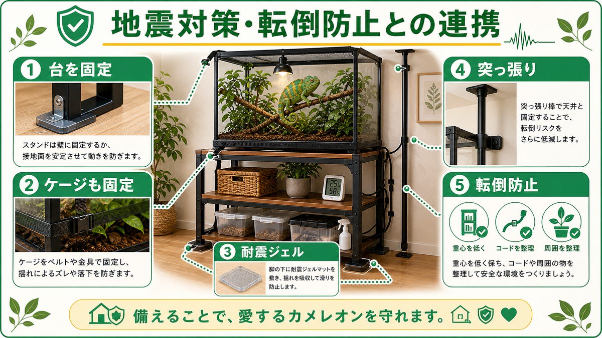地震対策・転倒防止との連携の要点をまとめたカメレオン・爬虫類飼育インフォグラフィック