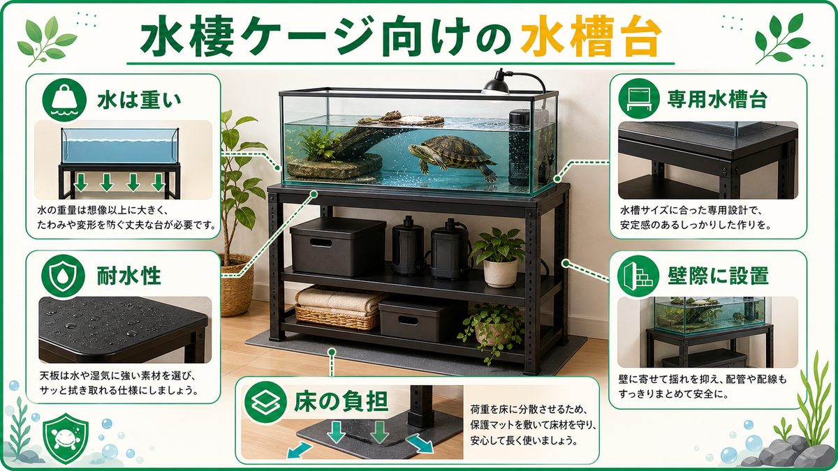 水棲ケージ向けの水槽台の要点をまとめたカメレオン・爬虫類飼育インフォグラフィック