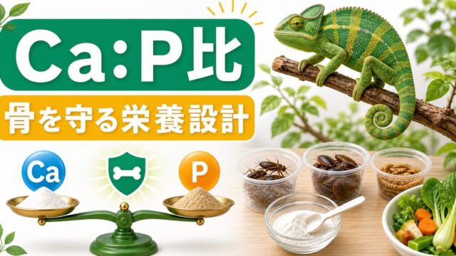 爬虫類の餌のカルシウム・リン比（Ca:P比）完全ガイド｜餌昆虫別の数値・理想1.5〜2:1の作り方・MBDを防ぐ栄養設計を徹底解説の要点を伝えるカメレオン・爬虫類記事アイキャッチ画像