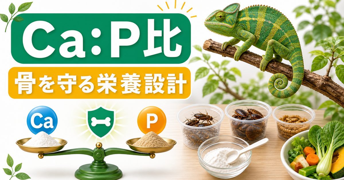 爬虫類の餌のカルシウム・リン比（Ca:P比）完全ガイド｜餌昆虫別の数値・理想1.5〜2:1の作り方・MBDを防ぐ栄養設計を徹底解説の要点を伝えるカメレオン・爬虫類記事アイキャッチ画像
