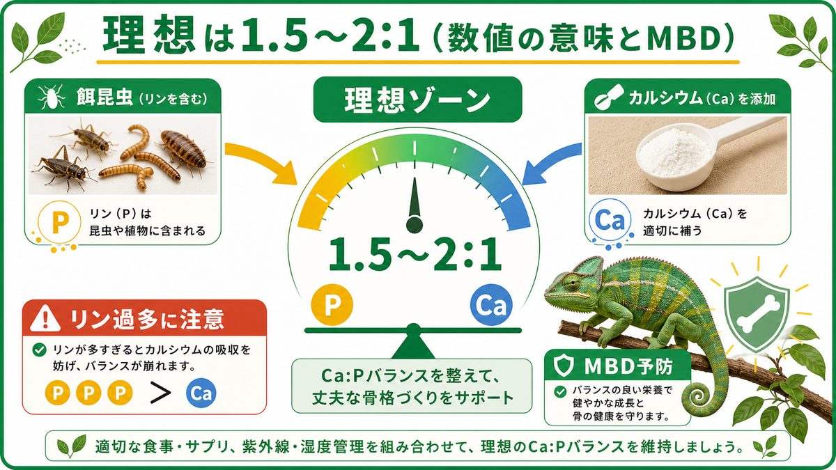 理想は1.5〜2:1（数値の意味とMBD）の要点をまとめたカメレオン・爬虫類飼育インフォグラフィック