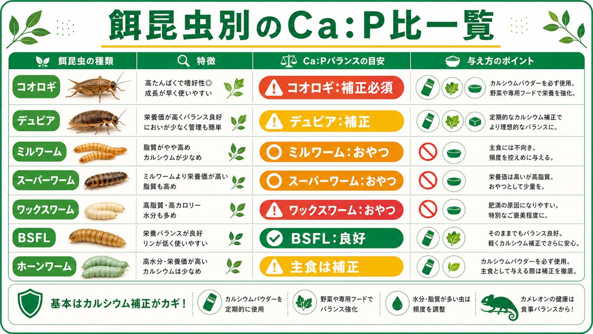 餌昆虫別のCa:P比一覧の要点をまとめたカメレオン・爬虫類飼育インフォグラフィック