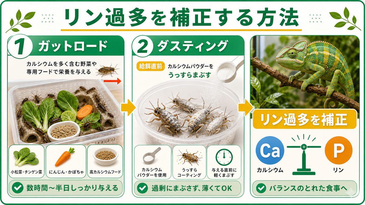 リン過多を補正する方法の要点をまとめたカメレオン・爬虫類飼育インフォグラフィック