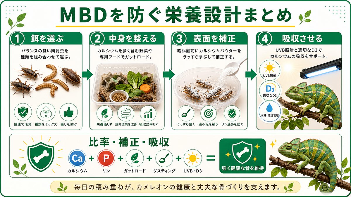 MBDを防ぐ栄養設計まとめの要点をまとめたカメレオン・爬虫類飼育インフォグラフィック