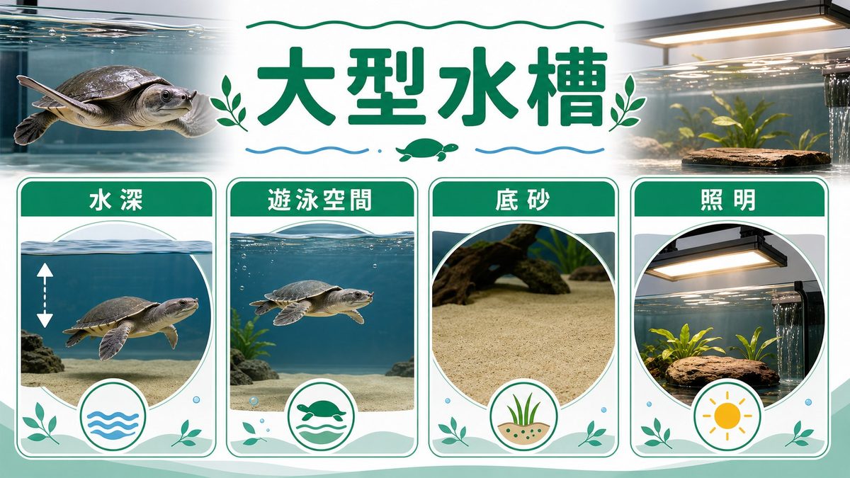 飼育環境の設定｜大型水槽・水深・底砂・照明🏞️の要点をまとめたカメレオン・爬虫類飼育インフォグラフィック