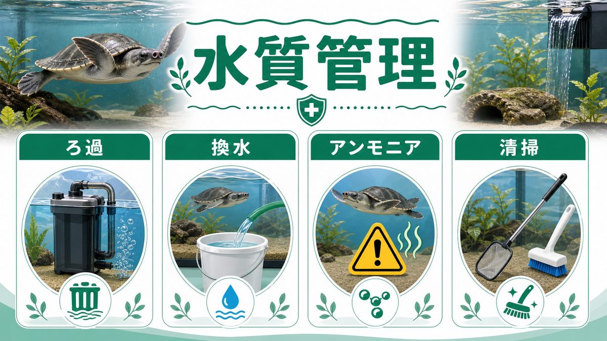 水質管理｜フィルター・換水・アンモニア管理💧の要点をまとめたカメレオン・爬虫類飼育インフォグラフィック