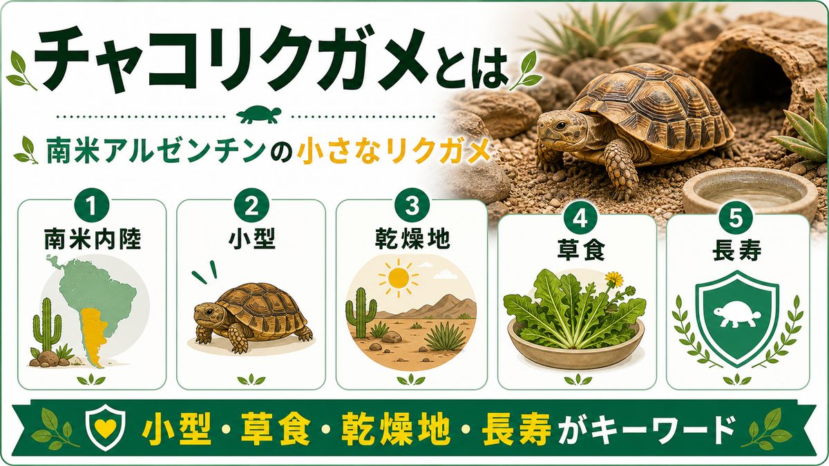 チャコリクガメとは｜南米アルゼンチンの小さなリクガメの要点をまとめたカメレオン・爬虫類飼育インフォグラフィック