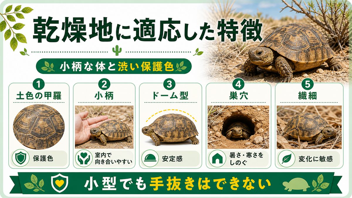 特徴｜乾燥地に適応した小柄な体のつくりの要点をまとめたカメレオン・爬虫類飼育インフォグラフィック