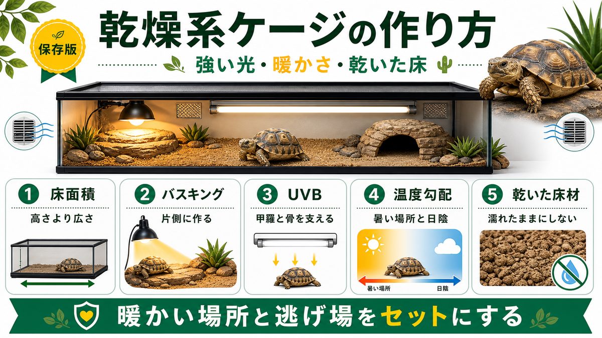 飼育環境｜乾燥系ケージとUVB・バスキングの作り方の要点をまとめたカメレオン・爬虫類飼育インフォグラフィック