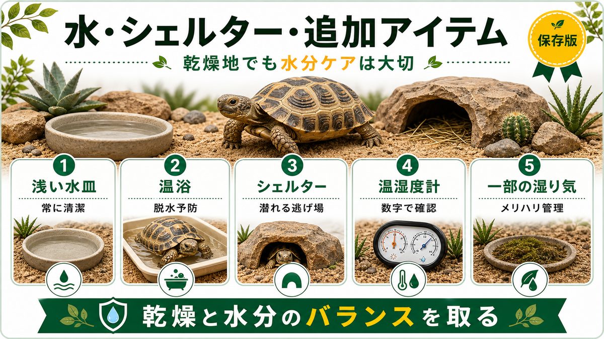 環境を整える追加アイテムと水・シェルターの要点をまとめたカメレオン・爬虫類飼育インフォグラフィック