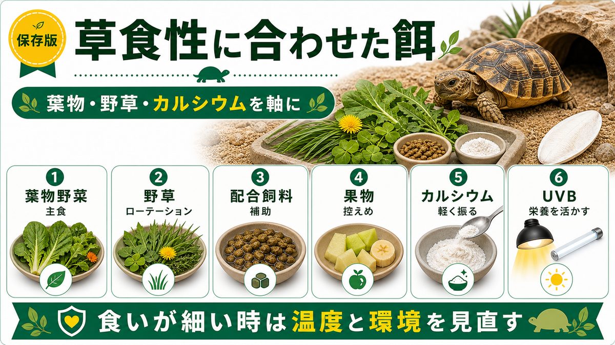 餌｜草食性に合わせた食事とカルシウムの要点をまとめたカメレオン・爬虫類飼育インフォグラフィック