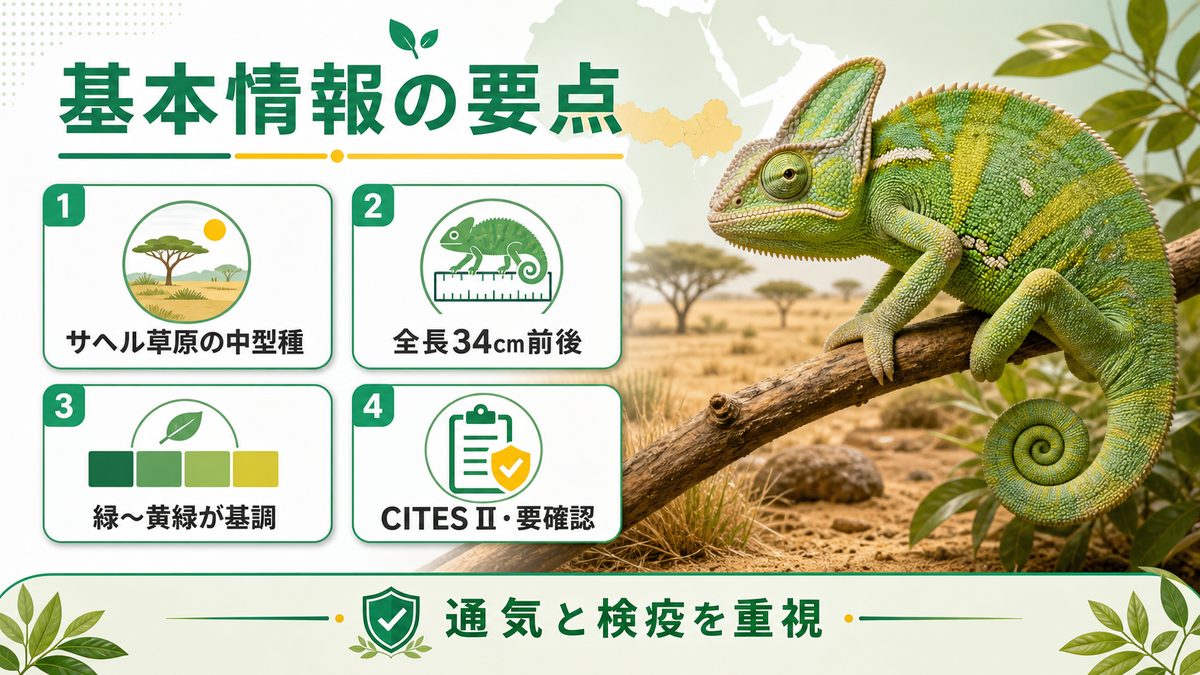 アフリカヌスカメレオンとは（基本情報）の要点をまとめたカメレオン・爬虫類飼育インフォグラフィック