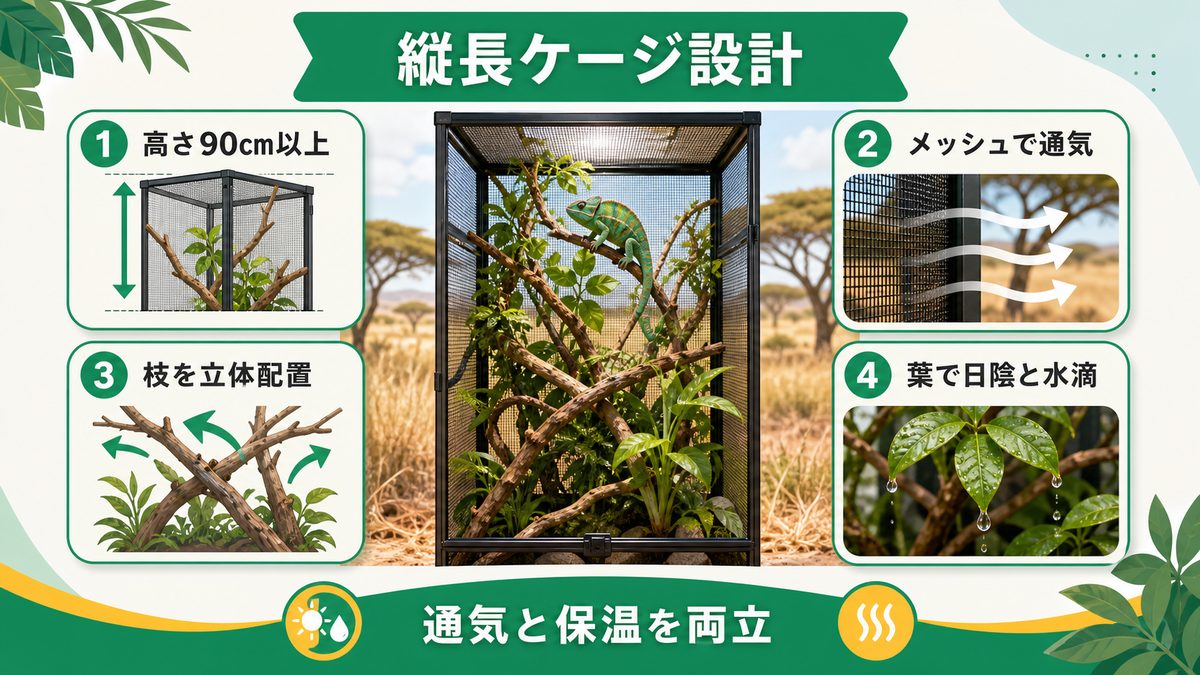 飼育ケージと環境の要点をまとめたカメレオン・爬虫類飼育インフォグラフィック