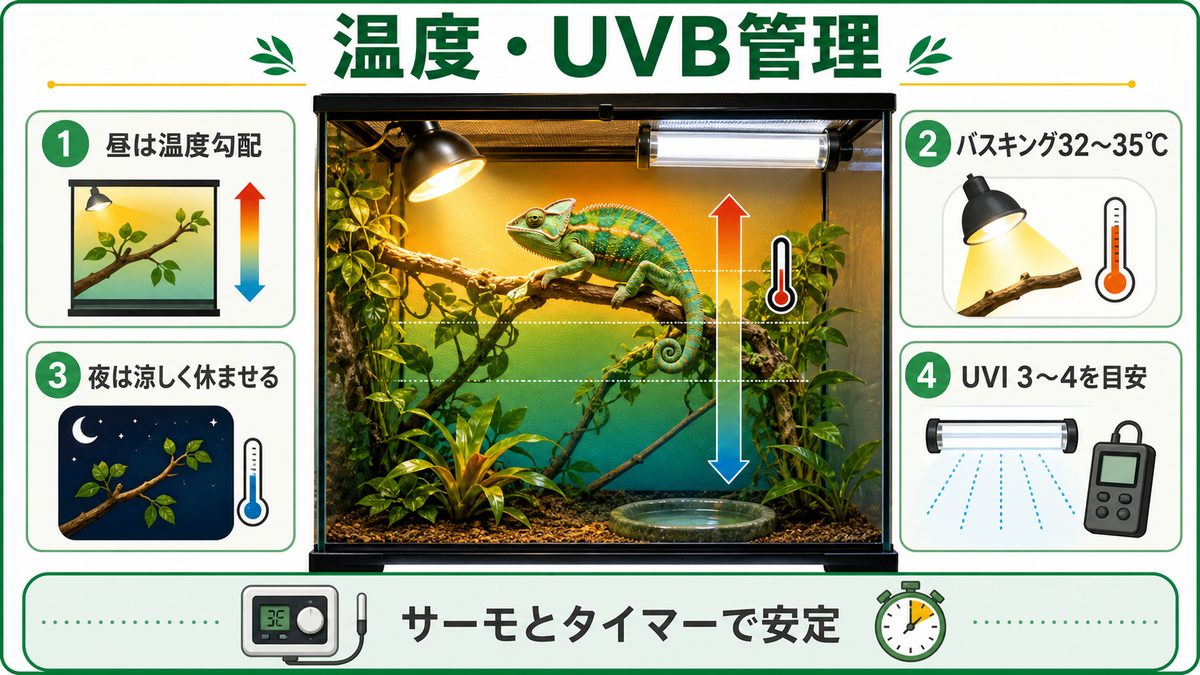 温度・UVB・バスキング管理の要点をまとめたカメレオン・爬虫類飼育インフォグラフィック